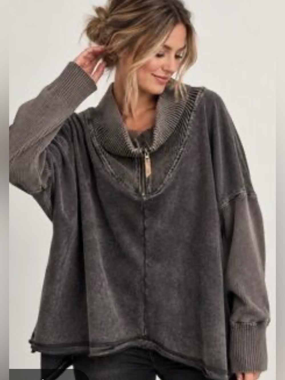 BKE Washed Charcoal Cowl Zip Pullover Sweater
